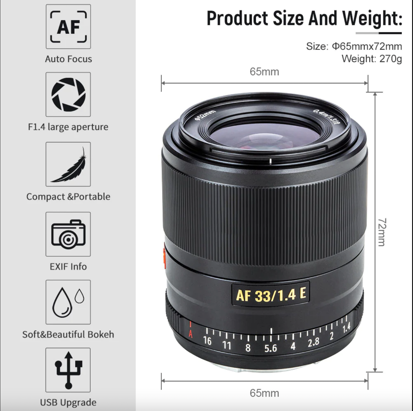 VILTROX AF33 F1.4 E-mount Autofocus Prime Lens for Sony - Ống kính góc rộng , tự động lấy nét | Dùng cho máy ảnh Sony , cung cấp hình ảnh rõ ràng , sắc nét