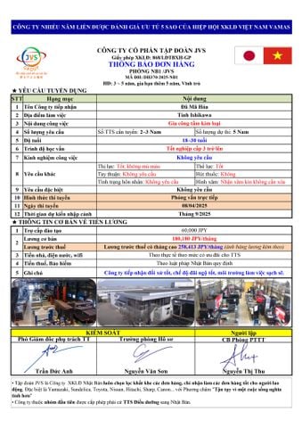 ĐƠN HÀNG MỚI CẦN 5 NAM GIA CÔNG TẤM KIM LOẠI thi tuyển ngày 08/04/2025