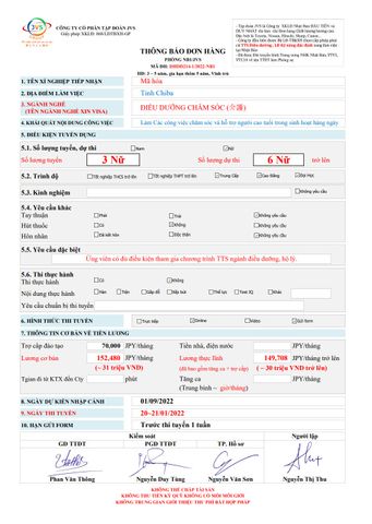 ĐƠN HÀNG ĐIỀU DƯỠNG MỚI CẦN 6 FORM NỮ thi tuyển 20~21/01/2022