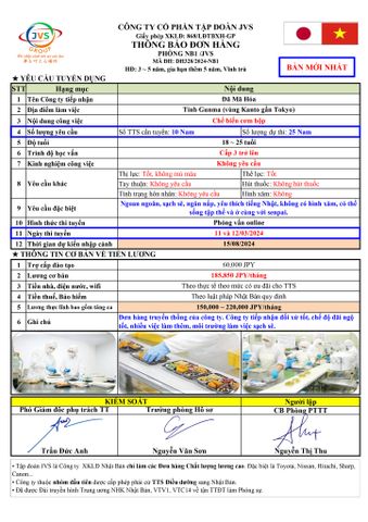 ĐƠN HÀNG MỚI CẦN 25 NAM CHẾ BIẾN THỰC PHẨM thi tuyển ngày 11~12/03/2024