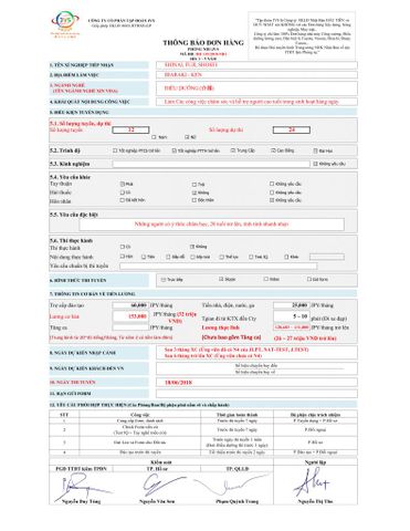 CÁC ĐƠN HÀNG ĐIỀU DƯỠNG THI TUYỂN THÁNG 6 VÀ THÁNG 7 NĂM 2018