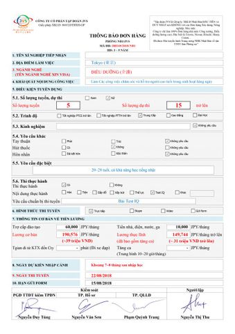 ĐƠN HÀNG ĐIỀU DƯỠNG CẦN 15 FORM NỮ DỰ KIẾN THI TUYỂN NGÀY 22/08/2018