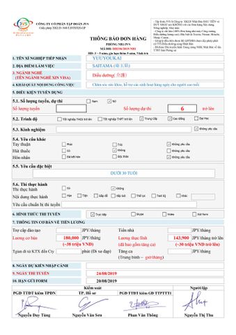 ĐƠN HÀNG ĐIỀU DƯỠNG CẦN 06 FORM NỮ, THI TUYỂN  NGÀY 24/08/2019