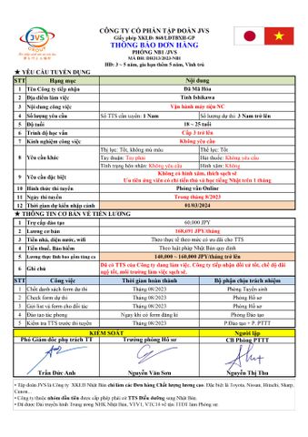 ĐƠN HÀNG MỚI CẦN 3 NAM VẬN HÀNH MÁY TIỆN NC thi tuyển tháng 08/2023 (Đủ form chốt ngày thi)