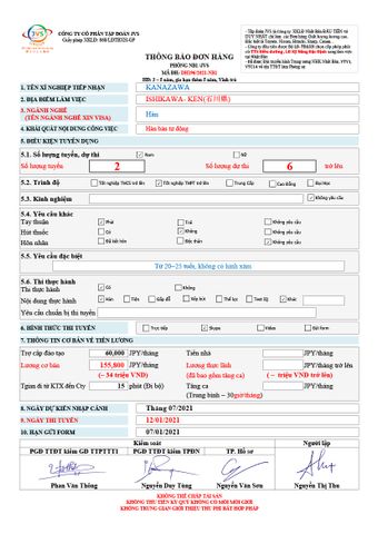 ĐƠN HÀNG CẦN 06 NAM HÀN BÁN TỰ ĐỘNG THI TUYỂN NGÀY 12/01/2021