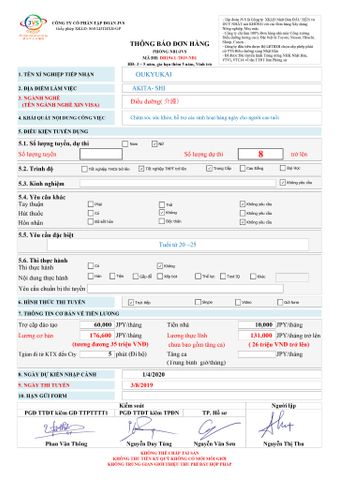 ĐƠN HÀNG ĐIỀU DƯỠNG CẦN 14 FORM NỮ, THI TUYỂN NGÀY 03/08/2019