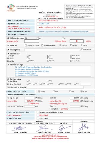 ĐƠN HÀNG ĐIỀU DƯỠNG CẦN 08 FORM NỮ, THI TUYỂN NGÀY 29/11/2019