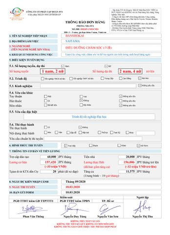 ĐƠN HÀNG ĐIỀU DƯỠNG CẦN 02 NAM, 04 NỮ THI TUYỂN NGÀY 18/03/2020