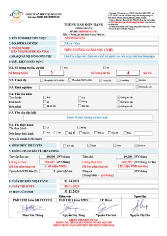 ĐƠN HÀNG ĐIỀU DƯỠNG CẦN 4 FORM NỮ THI TUYỂN NGÀY 06/01/2021