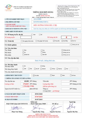 ĐƠN HÀNG ĐIỀU DƯỠNG CẦN 9 FORM NỮ, THI TUYỂN NGÀY 06/07/2019 VÀ 07/07/2019