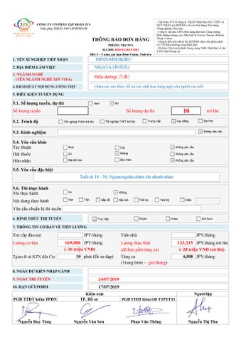 ĐƠN HÀNG ĐIỀU DƯỠNG CẦN 10 FORM NỮ, THI TUYỂN NGÀY 24/07/2019