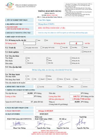 ĐƠN HÀNG ĐIỀU DƯỠNG CẦN 4 FORM Nữ thi tuyển ngày 10 hoặc 11/05/2019