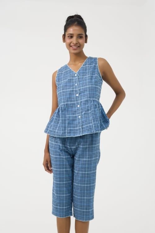  BKL151S31-BỘ KATE LỬNG CỔ V VỚI  HỌA TIẾT CARO XANH GIÚP BỘ ĐỒ THÊM PHẦN NHẸ NHÀNG VÀ NỮ TÍNH. 