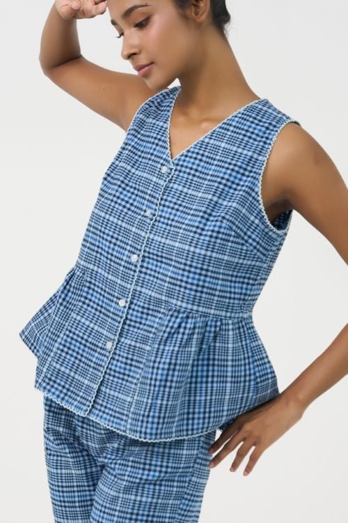  BKL151S31-BỘ KATE LỬNG CỔ V VỚI  HỌA TIẾT CARO XANH GIÚP BỘ ĐỒ THÊM PHẦN NHẸ NHÀNG VÀ NỮ TÍNH. 