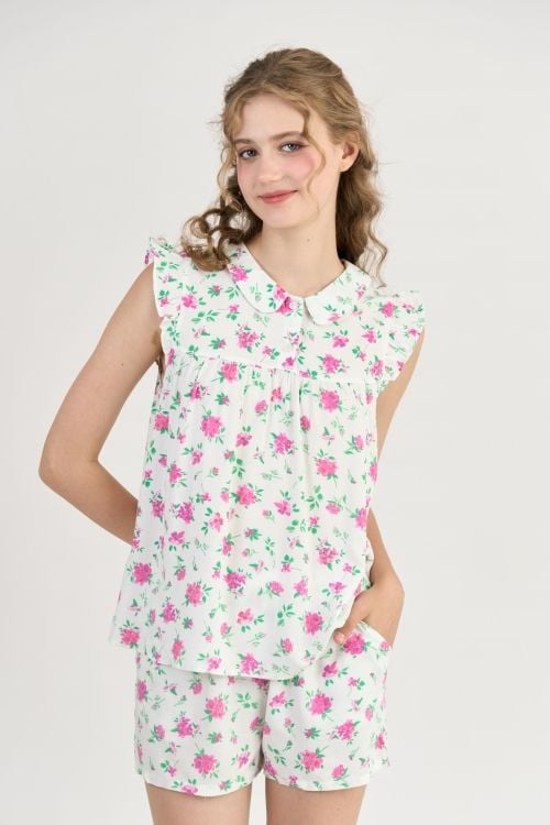  BSK015S31-BỘ TOLE SHORT THIẾT KẾ CỔ SEN VÀ PHỐI TAY BÈO XINH XẮN VỚI HỌA TIẾT HOA NHÍ TẠO CẢM GIÁC THOẢI MÁI VÀ TƯƠI TRẺ. 