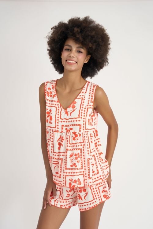  BSK037S31-BỘ SHORT TOLE CỔ V VỚI ĐIỂM NHẤN RODE NỔI BẬT MANG ĐẾN CẢM GIÁC TƯƠI MỚI VÀ NGỌT NGÀO. 