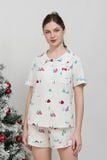  BSK053W31-BỘ PIJAMA SHORT CHẤT KATE CỔ LÁ SEN, HỌA TIẾT CHO NOEL 