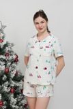  BSK053W31-BỘ PIJAMA SHORT CHẤT KATE CỔ LÁ SEN, HỌA TIẾT CHO NOEL 