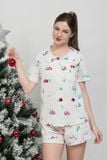  BSK053W31-BỘ PIJAMA SHORT CHẤT KATE CỔ LÁ SEN, HỌA TIẾT CHO NOEL 