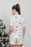  BSK053W31-BỘ PIJAMA SHORT CHẤT KATE CỔ LÁ SEN, HỌA TIẾT CHO NOEL 
