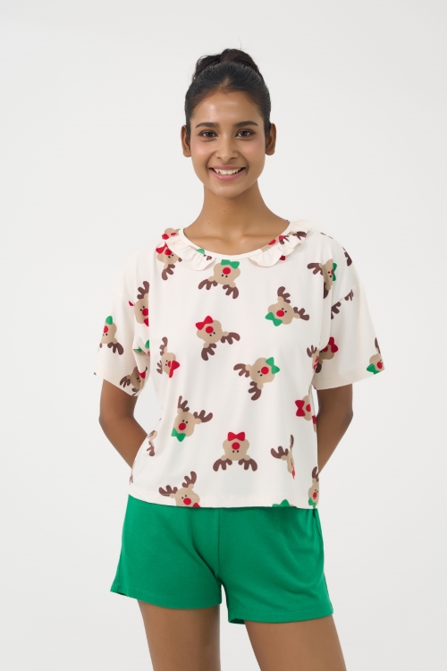BST070W41-BỘ SHORT PHỐI QUẦN NỈ VÀ ÁO THUN IN HỌA TIẾT NOEL