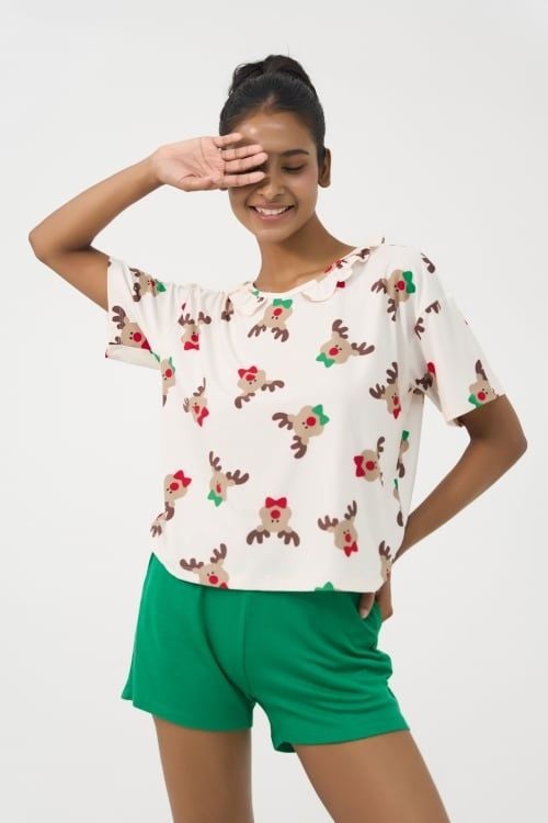  BST070W41-BỘ SHORT PHỐI QUẦN NỈ VÀ ÁO THUN IN HỌA TIẾT NOEL 