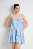  DDS012S31-ĐẦM SATIN MÀU XANH DA TRỜI IN HOA TƯƠI TẮN VỚI THIẾT KẾ 2 DÂY GỢI CẢM VÀ THOẢI MÁI. 