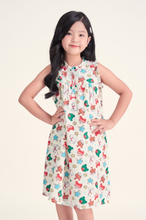 KDK011S41-ĐẦM KATE CỔ TRÒN HỌA TIẾT ĐẶC TRƯNG MÙA NOEL CHO BÉ GÁI