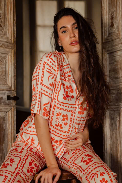 BKL040S51-BỘ LỬNG TOLE HỌA TIẾT HOA CAM NỔI BẬT VỚI THIẾT KẾ CỔ LÁ SEN MANG PHONG CÁCH NHẸ NHÀNG, NỮ TÍNH VÀ THOÁNG MÁT