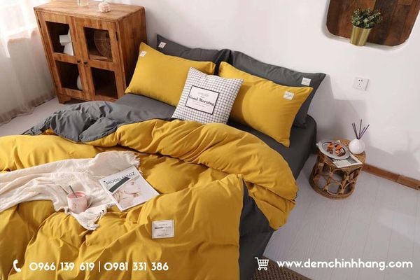 Bộ Chăn Ga Cotton Tici Vàng Xám