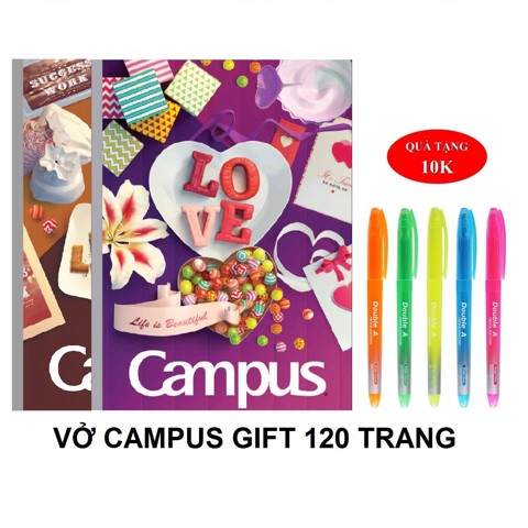 Lốc 10 Vở Campus Gift 120 trang (Dòng kẻ ngang) - Tặng 1 bút nhớ dòng Double A