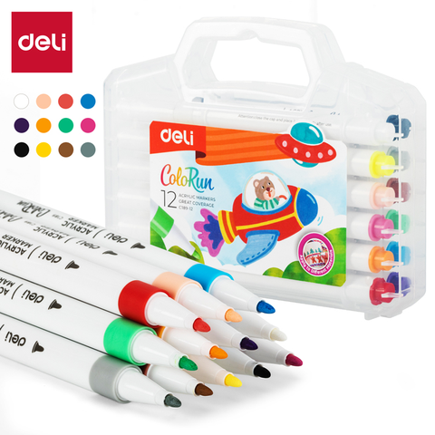 Bút sơn Acrylic Marker ngòi nét nhỏ 12 màu Deli C189-12 - Chống nước vẽ trên mọi chất liệu, Tô màu DIY vẽ giày vải, chai lọ