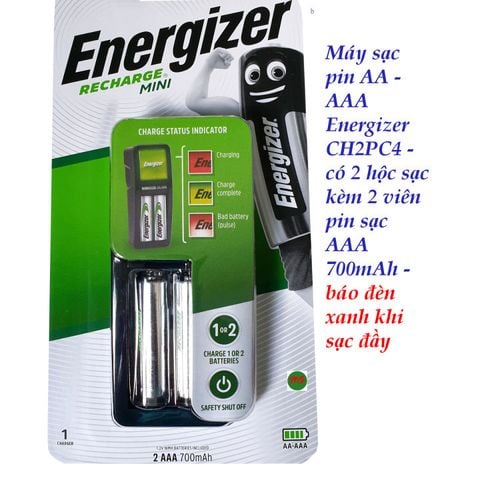 [Chính Hãng] Máy sạc pin Energizer CH2PC4 kèm 2 Pin Sạc AAA 700mAh - Sạc cho pin AA và AAA - (Nhập Khẩu Độc Quyền Bởi DKSH Việt Nam)
