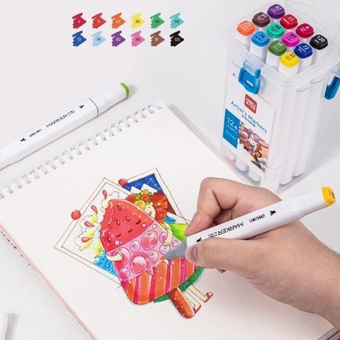 Bút lông màu Marker 2 đầu 12 màu Deli 70816-12 - Hộp nhựa, tô màu vẽ tranh chuyên nghiệp