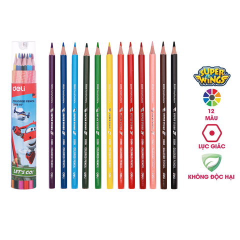 Bút chì màu 12 màu Deli EC00807 - Họa tiết Super Wings kèm gọt chì