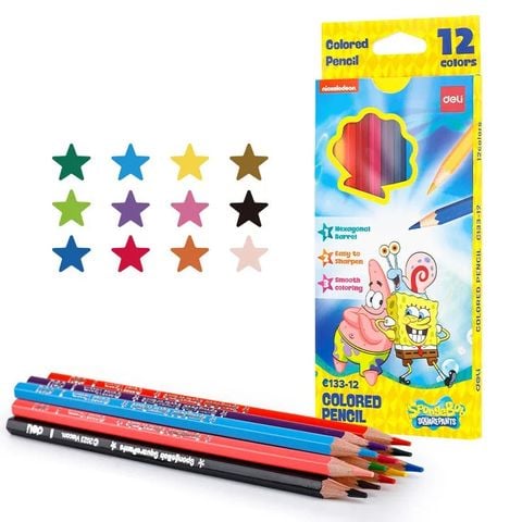 Bút chì màu 12 màu Deli EC133-12 - Hình bọt biển SpongeBob