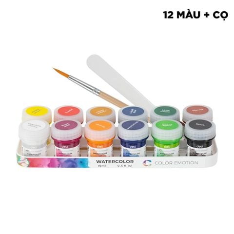 Vỉ 12 màu nước Deli EC22-12 Emotion - Dạng hũ 15ml/hũ kèm cọ và tán