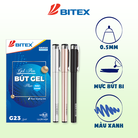 Bút gel Bitex G23 ngòi 0.5mm - Mực xanh, khô nhanh, Thân màu đen sang trọng