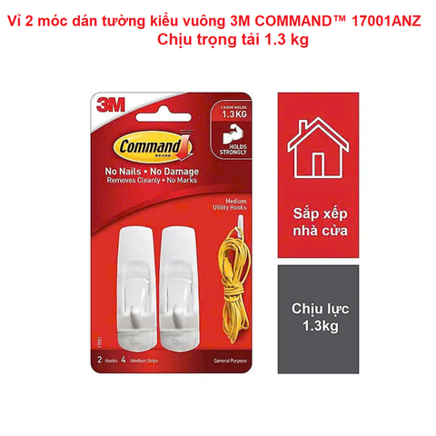 Vỉ 2 móc dán tường kiểu vuông 3M COMMAND™ 17001ANZ - Chịu trọng tải 1.3kg - Nhập khẩu bởi 3M Việt Nam