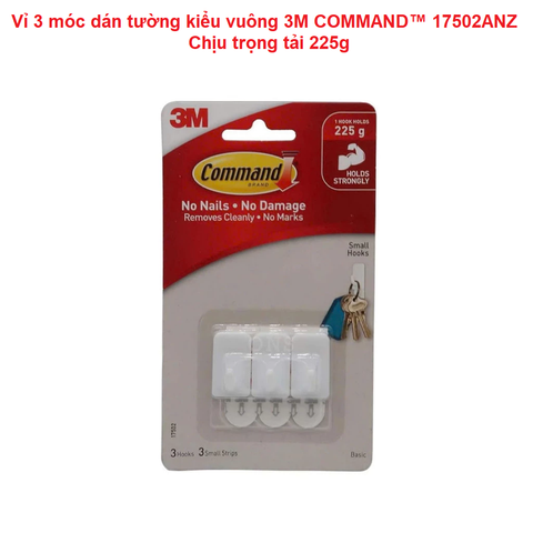 Vỉ 3 móc dán tường kiểu vuông 3M COMMAND™ 17502ANZ - Chịu trọng tải 225g - Nhập khẩu bởi 3M Việt Nam