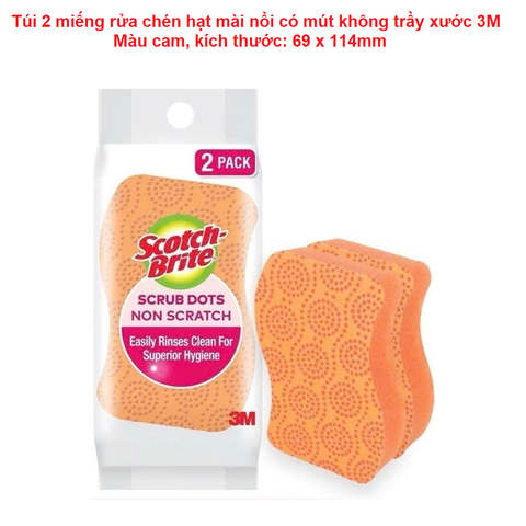 Túi 2 miếng rửa chén hạt mài nổi có mút không trầy xước 3M Scotch Brite - Kích thước 69 x 114mm, màu cam - Nhập khẩu bởi 3M Việt Nam