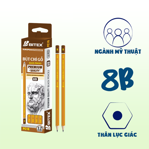 Bút chì mỹ thuật Bitex 8B Premium nhúng đầu PC16