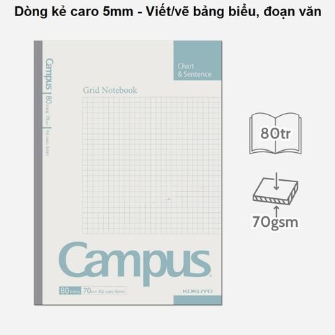 [MẪU MỚI 2024] Vở Caro Campus Basic Notebook 80 trang - Dòng kẻ caro 5mm, Phong Cách Đơn Giản (Mua 10 tặng 1 bút bi)