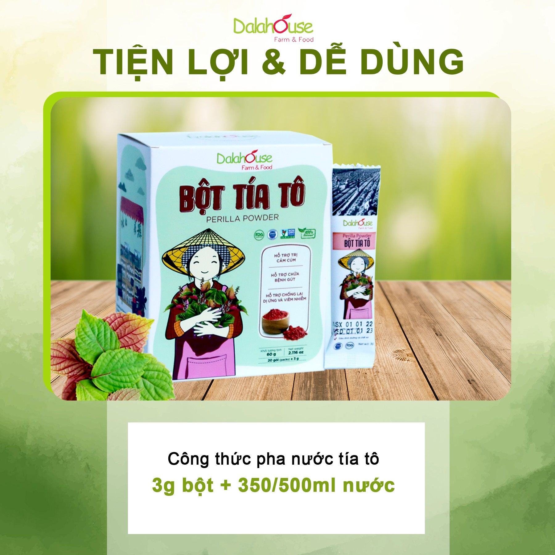  Bột tía tô dalahouse hỗ trợ giảm Gút - Kháng viêm hạ sốt tự nhiên- thải độc đẹp da - hộp 20 gói x 3gram 