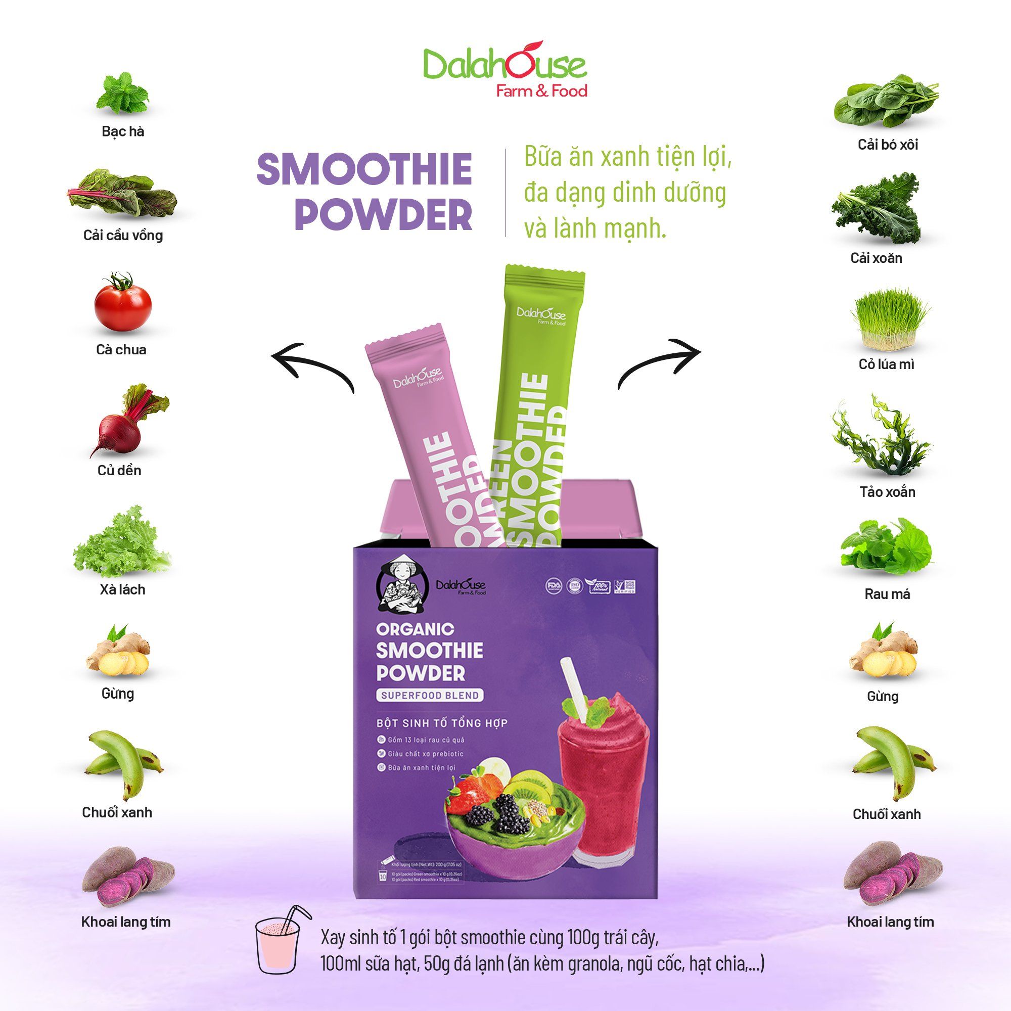  Bột Sinh Tố Organic Dalahouse - Smoothies dinh dưỡng từ rau củ hữu cơ 