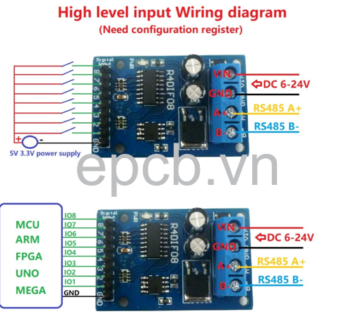 Mạch đọc 8 kênh trạng thái digital TTL qua RS485 Modbus RTU (R4DIF08)