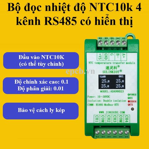 Bộ đọc nhiệt độ NTC10k 4 kênh RS485 có hiển thị ADAN8023