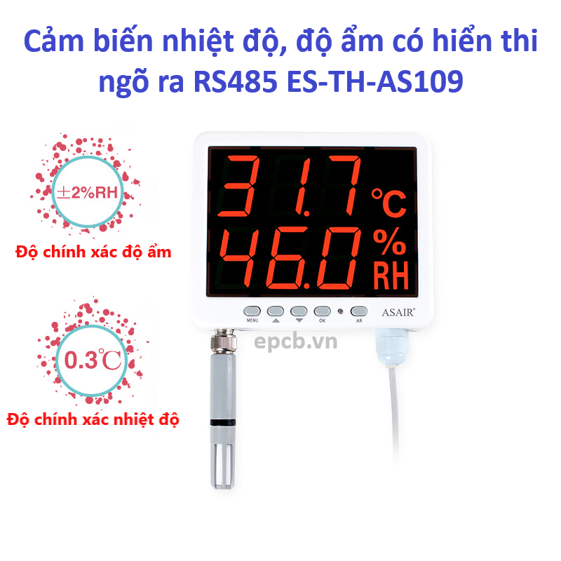 Cảm biến nhiệt độ, độ ẩm có hiển thị ngõ ra RS485 ES-TH-AS109