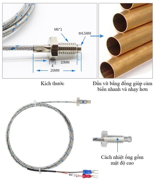 Cảm biến nhiệt độ đầu dò Ren M6 (PT100, K, E)