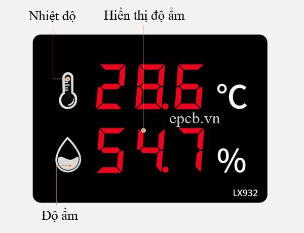 Đồng hồ đo nhiệt độ và độ ẩm hiển thị trên màn hình LED EP-LX932